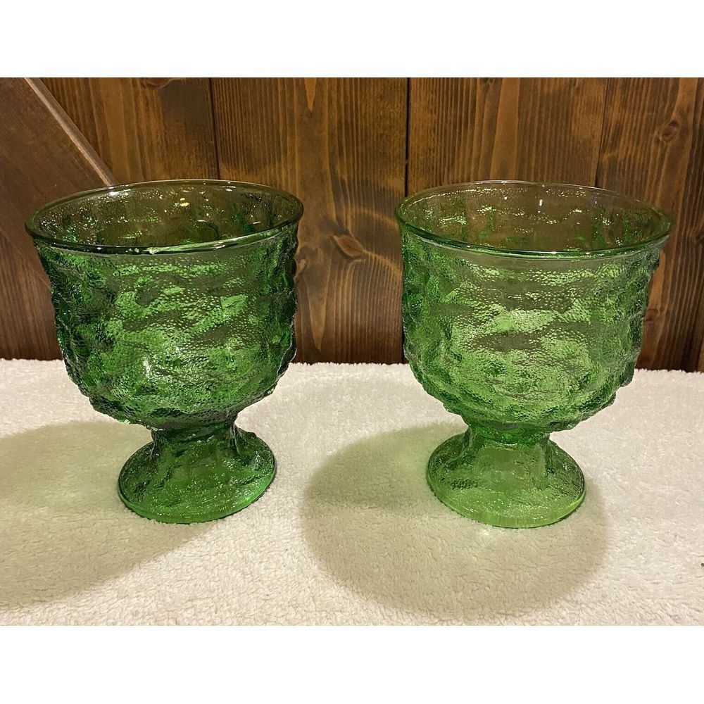 Vintage E.O. Brody Crinkle Glass Green Pedistal Compote Vases‎ Pair